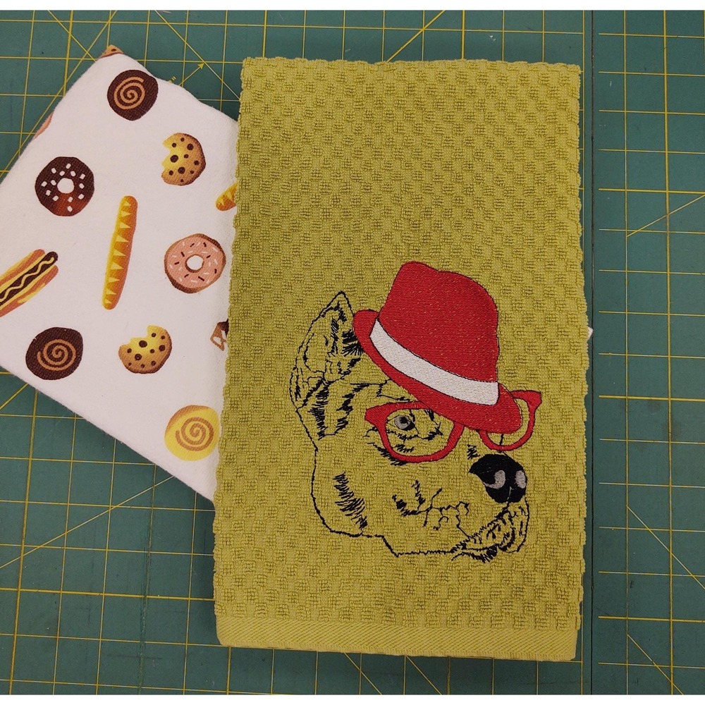 DOG With A Hat & Glasses Kitchen Bath Hand Bar Towel Set of 2 Great Gift!